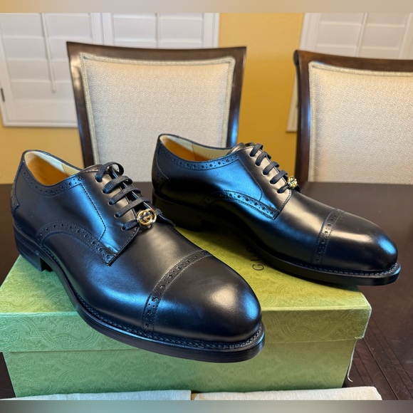 New Gucci GG Logo Star Brogue Lace Up Dress Shoes Black Size UK 12 / US 12.5 - Picture 6 of 16